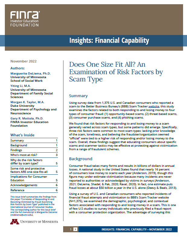 Does One Size Fit All? An Examination of Risk Factors by Scam Type