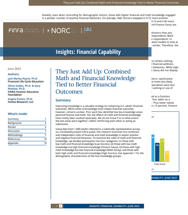 They Just Add Up: Combined Math and Financial Knowledge Tied to Better Financial Outcomes