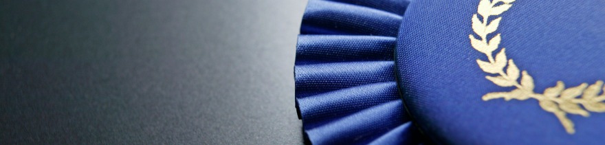 Blue ribbon rosette on dark gray graduated background ©iStockphoto.com/DNY59